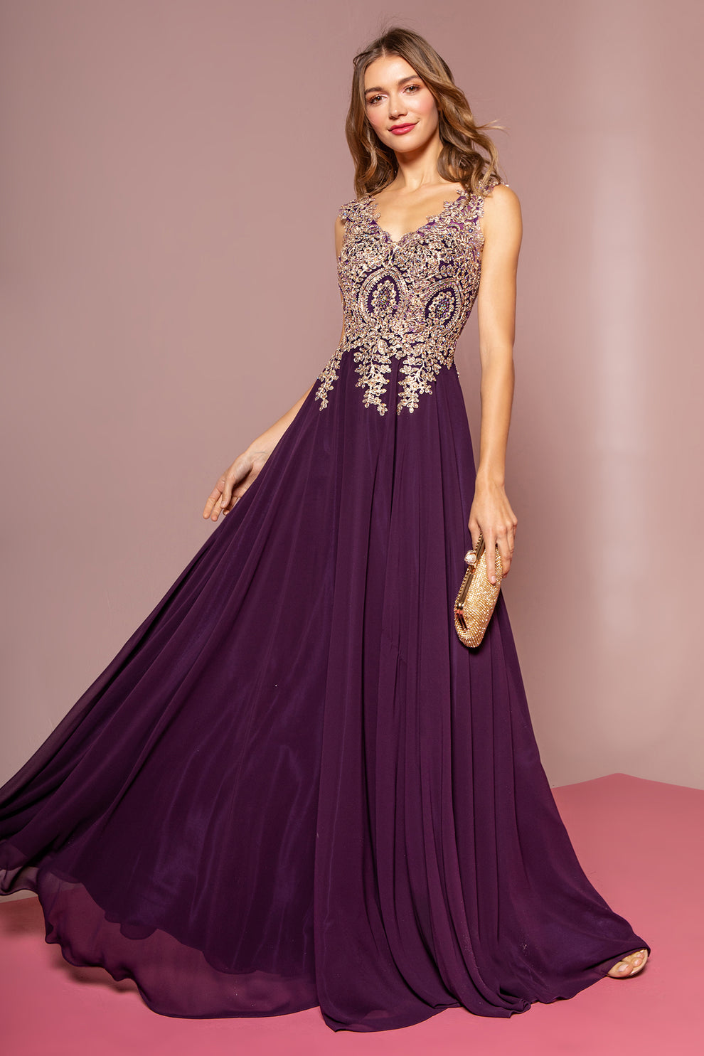 Chiffon A-Line Gown Sleeveless V-Neck Gold Beaded Embroidery Formal Prom & Wedding Guest Dress