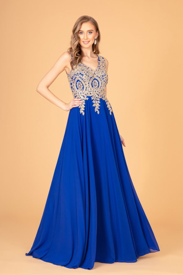 Chiffon A-Line Gown Sleeveless V-Neck Gold Beaded Embroidery Formal Prom & Wedding Guest Dress