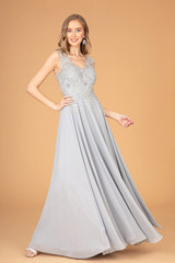 Chiffon A-Line Gown Sleeveless V-Neck Gold Beaded Embroidery Formal Prom & Wedding Guest Dress