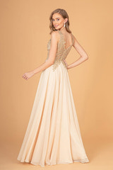 Chiffon A-Line Gown Sleeveless V-Neck Gold Beaded Embroidery Formal Prom & Wedding Guest Dress