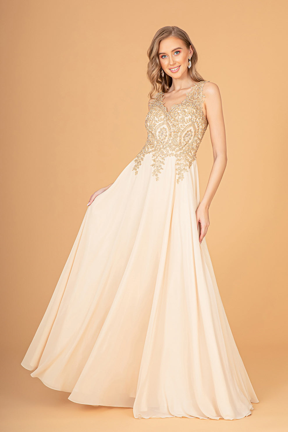 Chiffon A-Line Gown Sleeveless V-Neck Gold Beaded Embroidery Formal Prom & Wedding Guest Dress