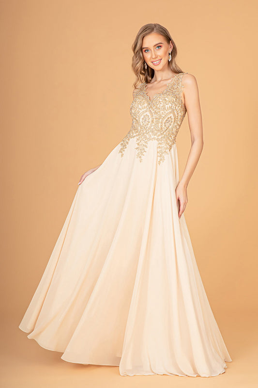 Chiffon A-Line Gown Sleeveless V-Neck Gold Beaded Embroidery Formal Prom & Wedding Guest Dress