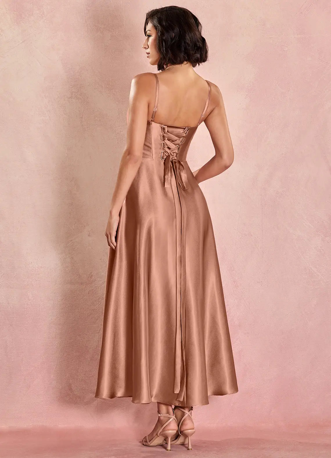 Elegant A-line Flare Square Sleeveless Satin Midi Wedding Guest Dress Corset Back Pockets Party Dress