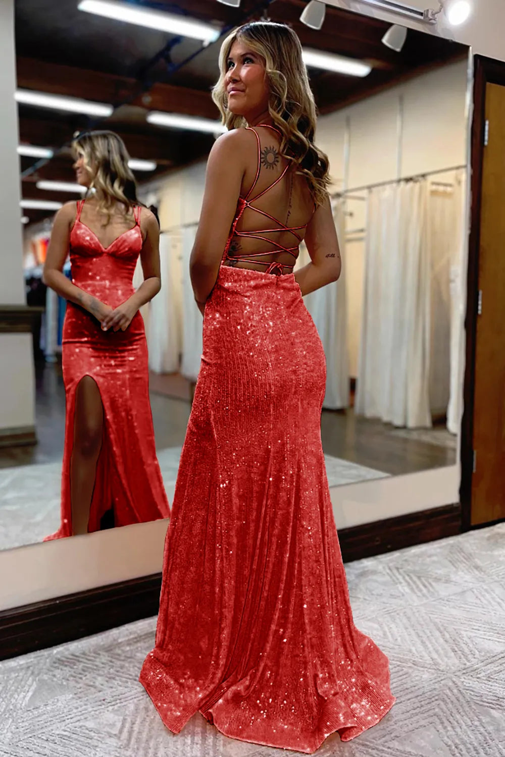 Sheath Plunging V Neck Spaghetti Strap Sequin Lace-Up High Slit Prom Special Occasion Formal Gown