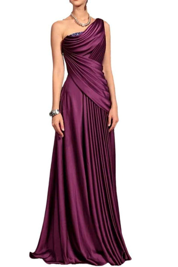 One Shoulder Satin Pleated Long Evening Gown, Beaded Ruched Formal Maxi Dress