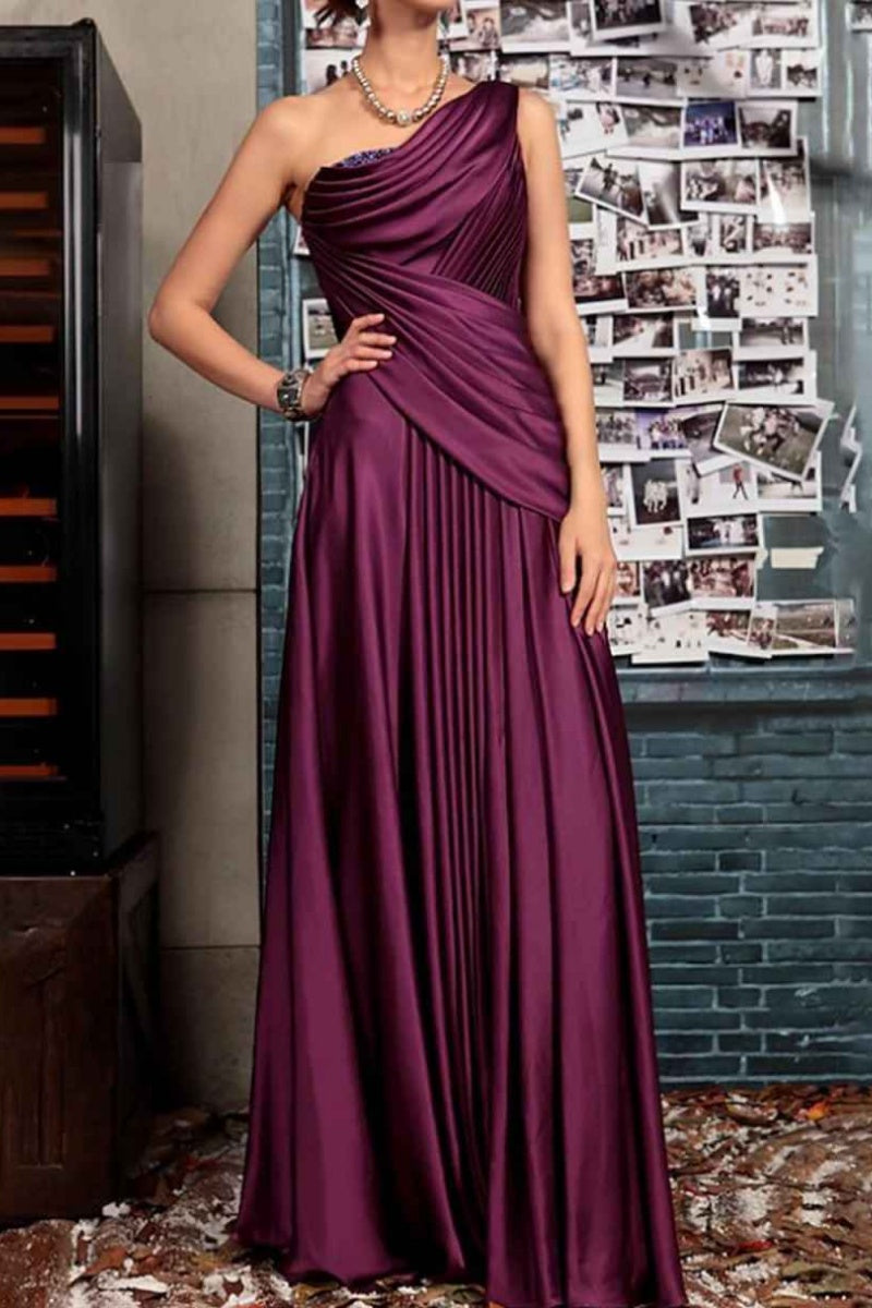 One Shoulder Satin Pleated Long Evening Gown, Beaded Ruched Formal Maxi Dress