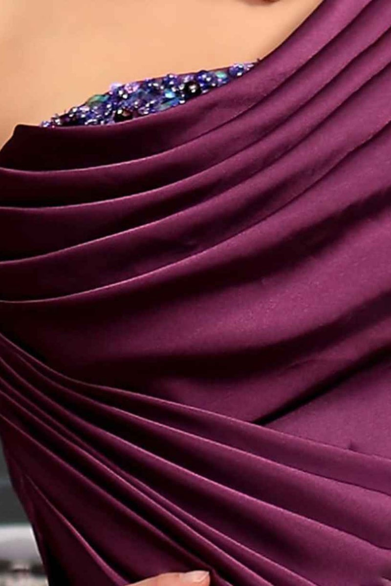 One Shoulder Satin Pleated Long Evening Gown, Beaded Ruched Formal Maxi Dress