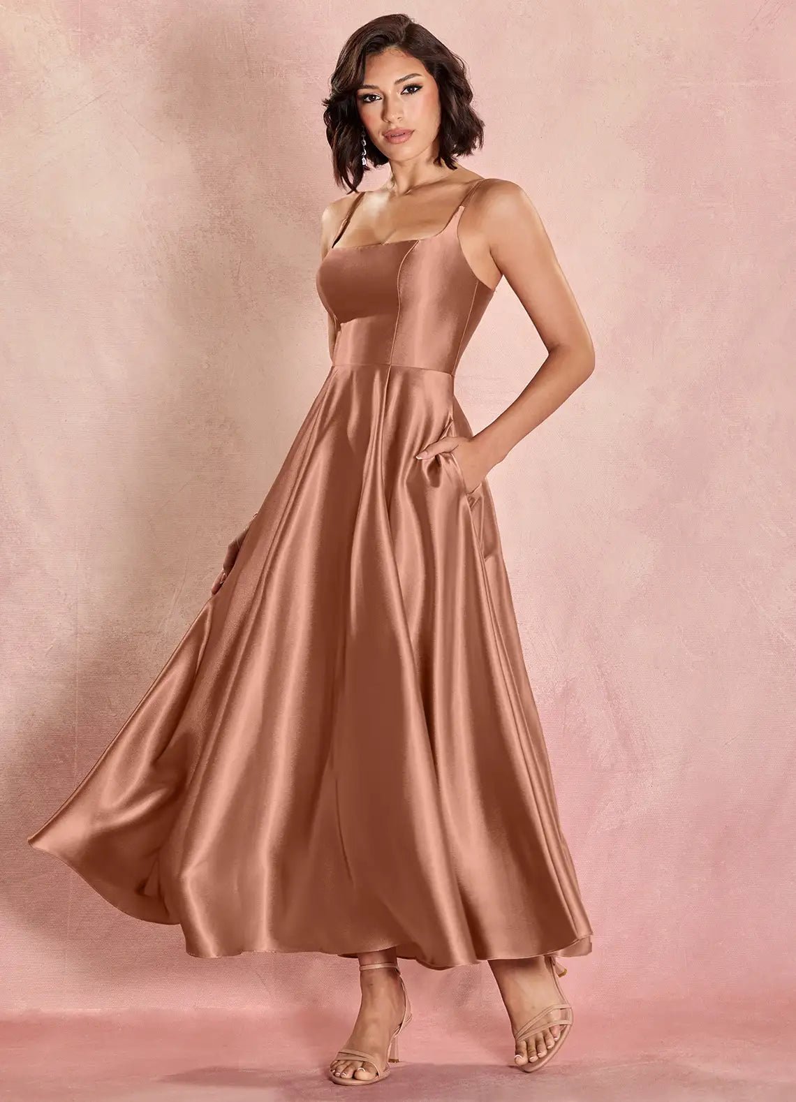 Elegant A-line Flare Square Sleeveless Satin Midi Wedding Guest Dress Corset Back Pockets Party Dress