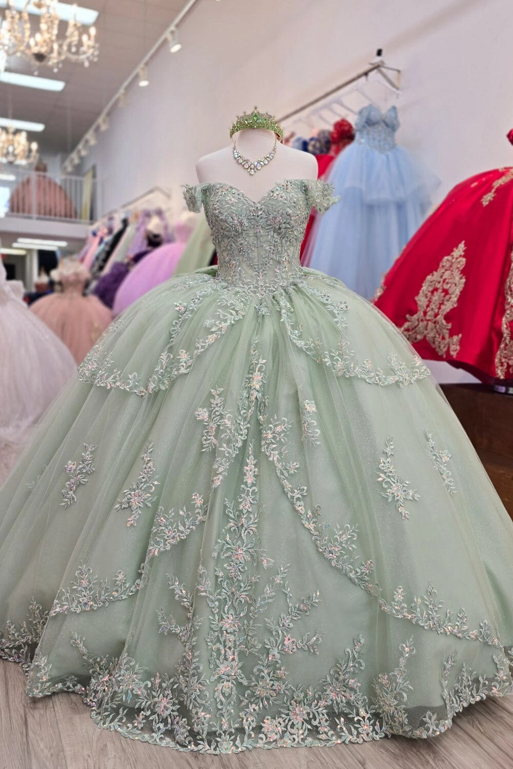 Elegant Ball Gown Sweetheart Off‑Shoulder Corset Back Court Train Quinceanera Dress