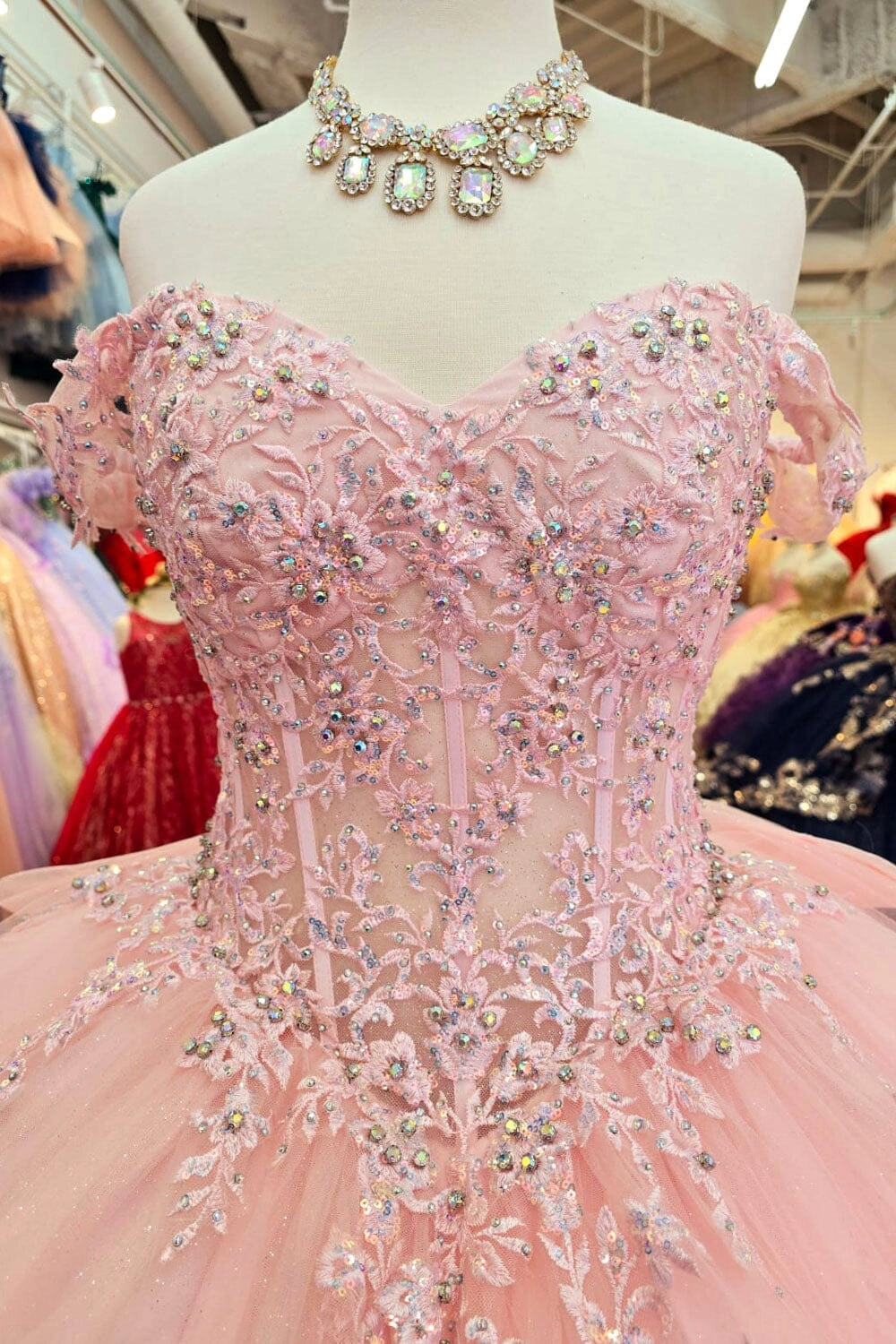 Elegant Ball Gown Sweetheart Off‑Shoulder Corset Back Court Train Quinceanera Dress