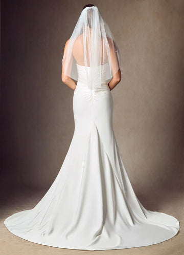 Romantic Sheer Tulle Pearl Beaded Two-Tier Hip-Length Bridal Wedding Veil