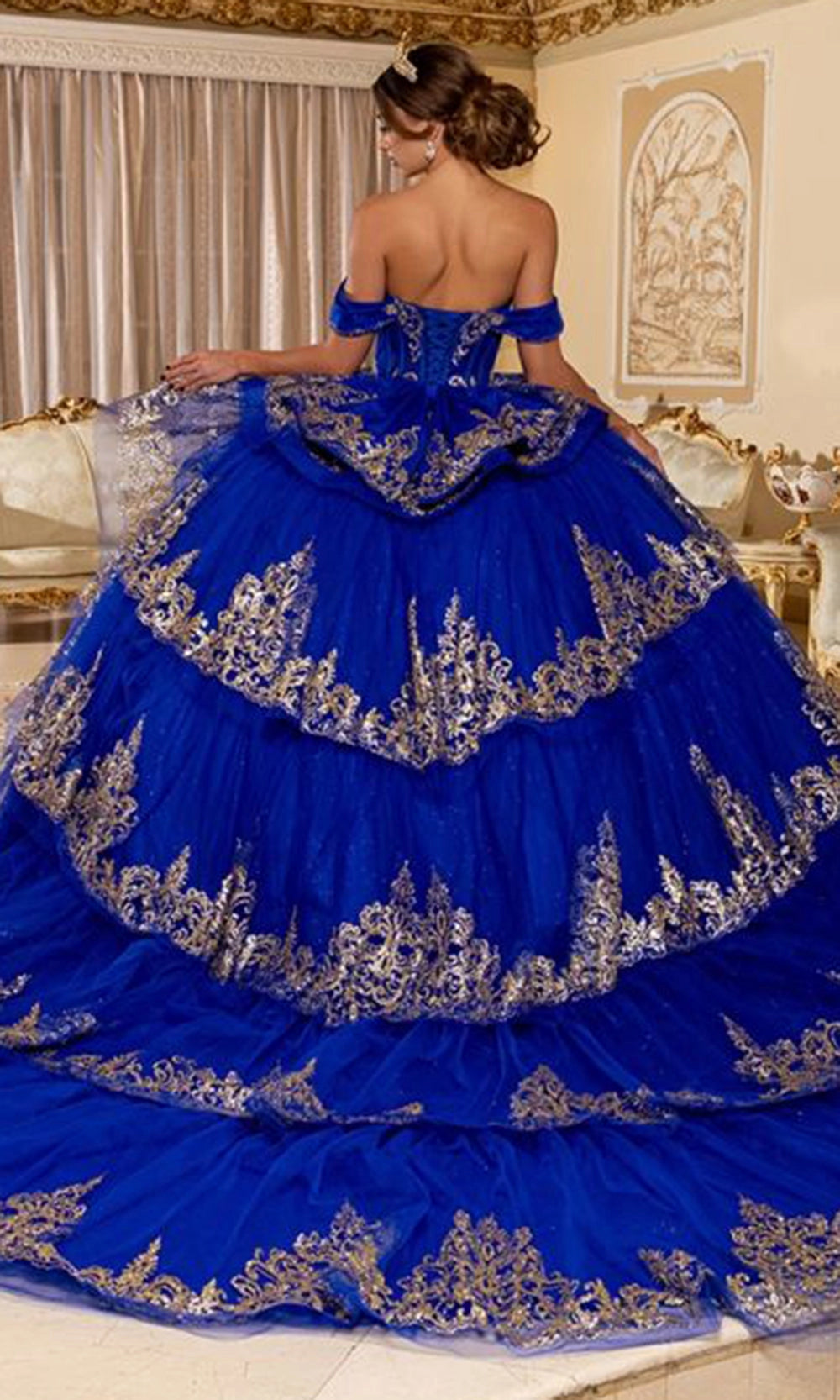 Ball Gown Off‑Shoulder Sweetheart Corset Back Tiered Long Train Quinceanera Dress