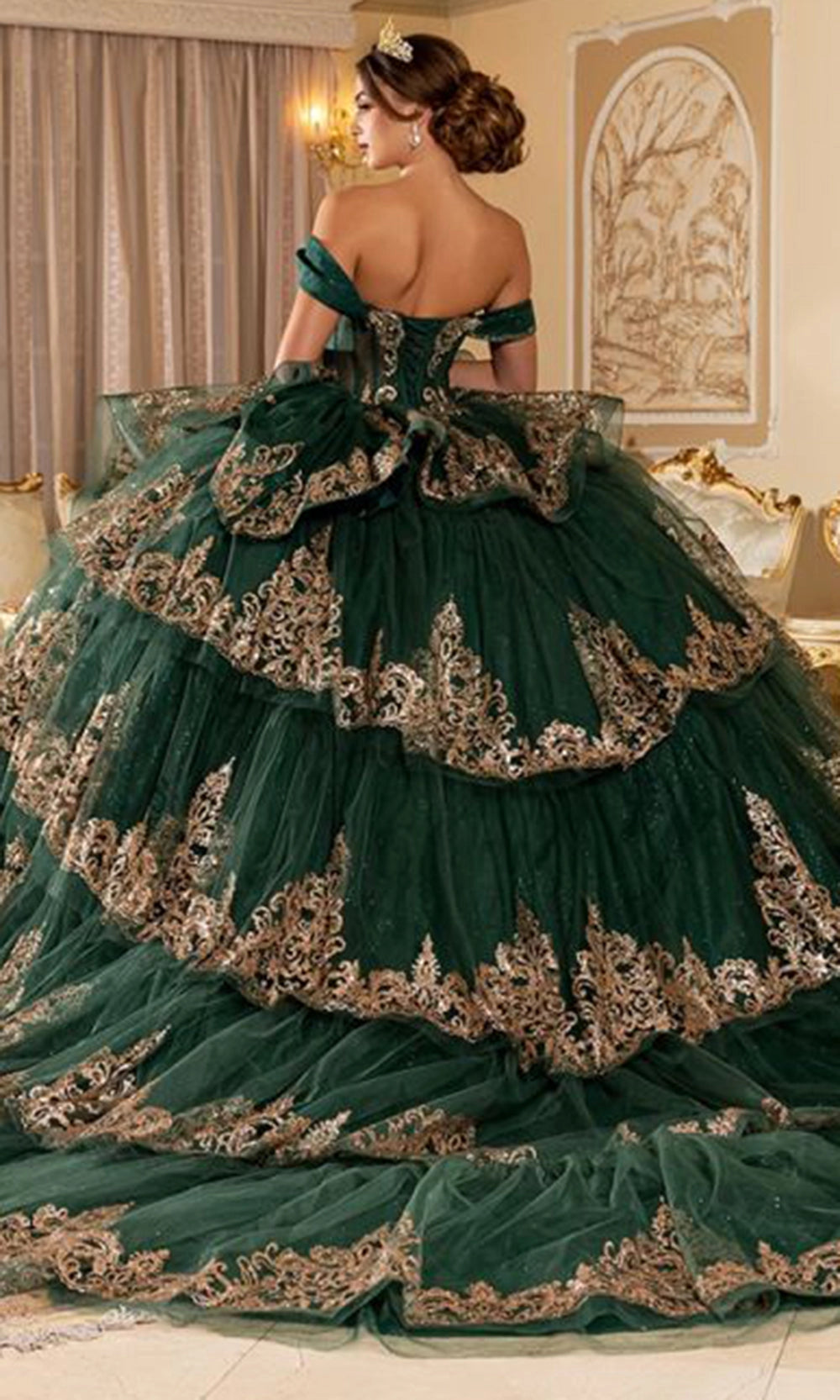 Vedress emerald green tiered ruffle quinceanera dress corset back long train gold lace appliques back view