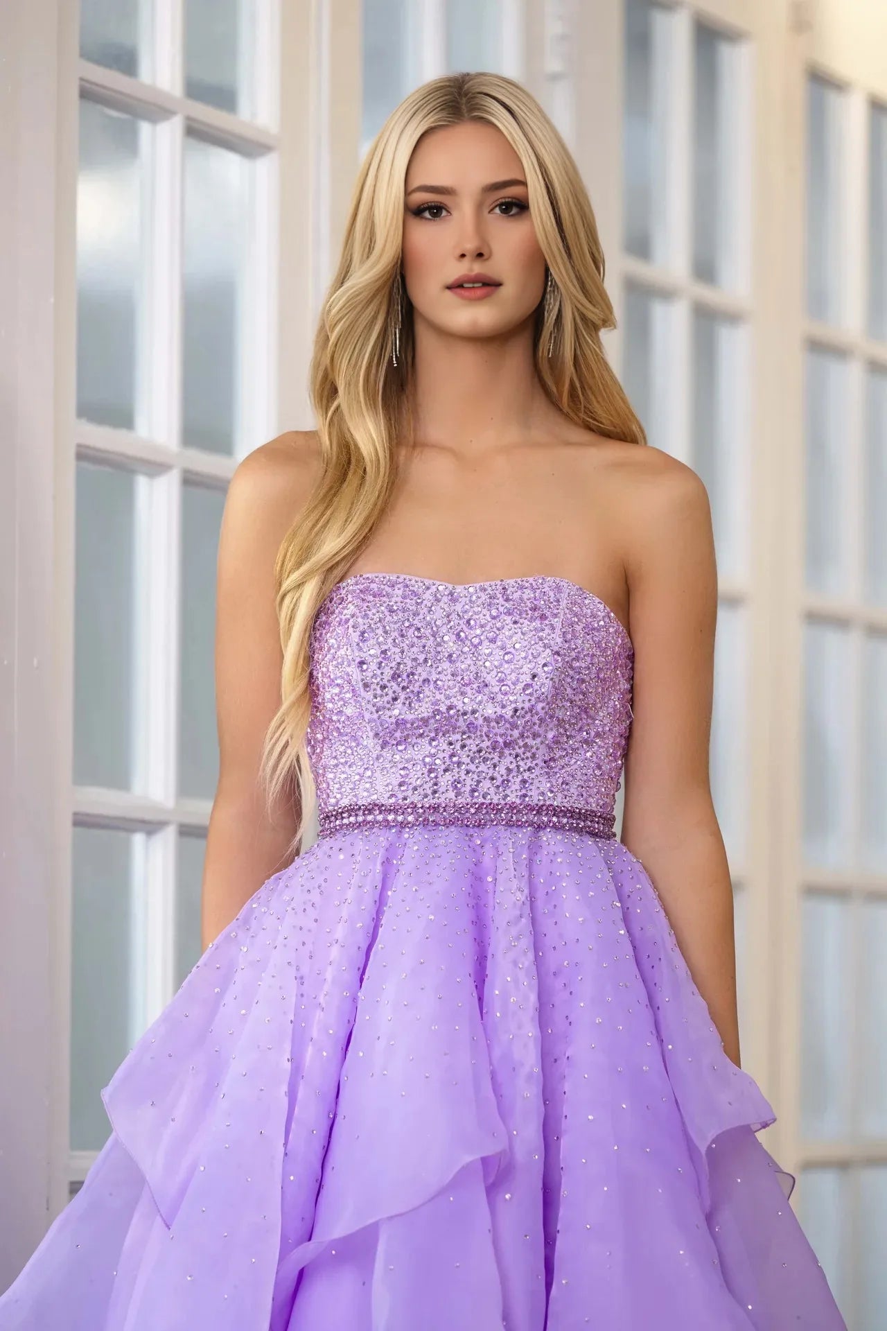 Dreamy A-Line Strapless Beaded Bodice Tulle Prom Dress Tiered Ruffle Gown