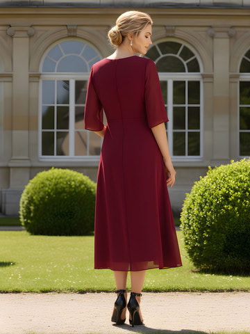Burgundy V-Neck Chiffon Midi Dress with Elbow Sleeves – Formal Cocktail Party Gown