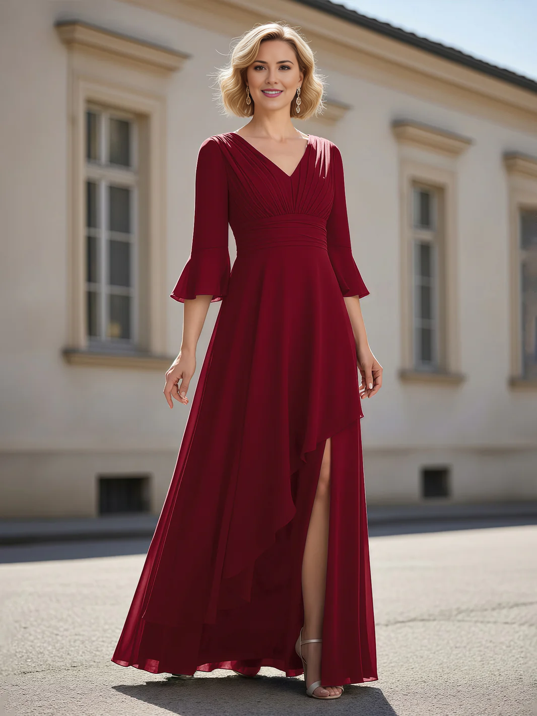 Chiffon Formal Maxi Dress V Neck 3/4 Bell Sleeve Ruched Waist Slit Floor Length Evening Gown