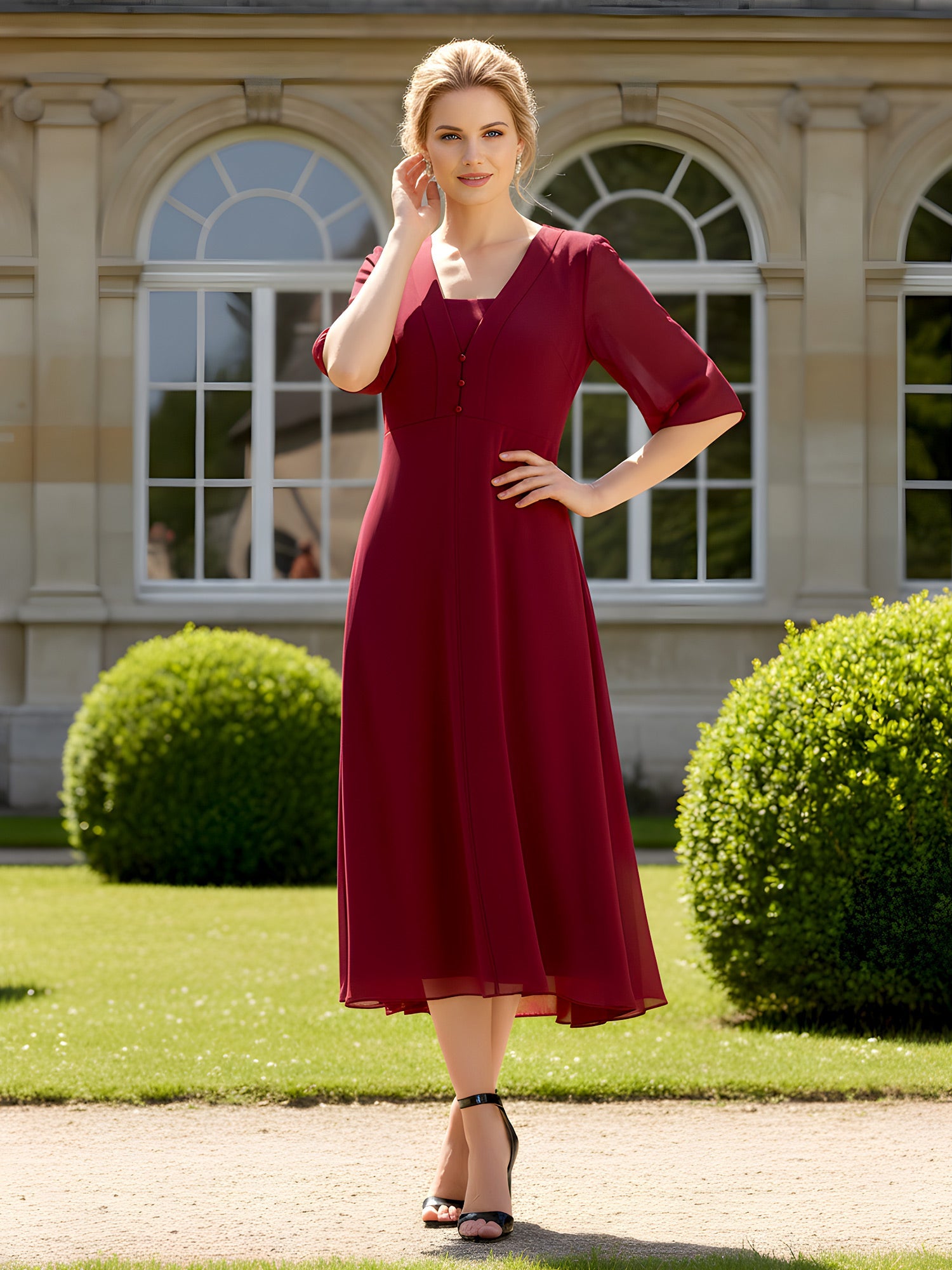 Burgundy V-Neck Chiffon Midi Dress with Elbow Sleeves – Formal Cocktail Party Gown