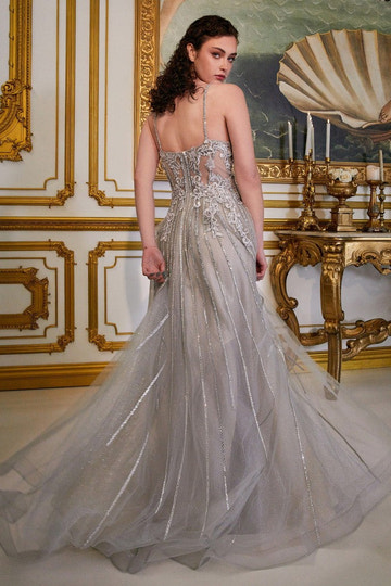 Vestido de gala de tul con purpurina, tirantes finos, escote en V pronunciado, corpiño estilo corsé adornado, largo hasta el suelo, para fiesta de graduación y como invitada de boda