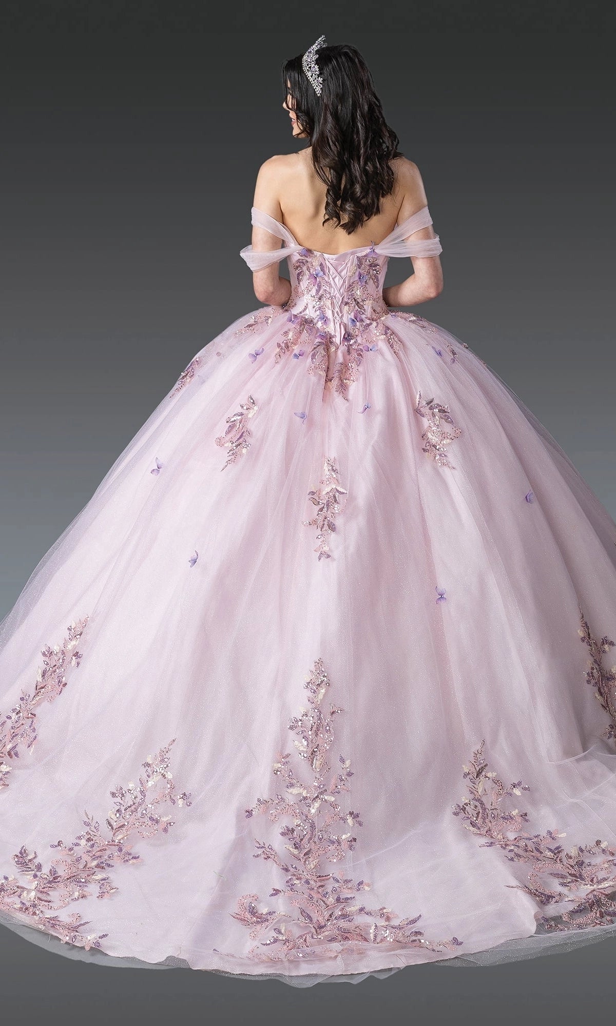 Vedress blush pink quinceanera ball gown corset back sweep train off shoulder 3D butterfly floral embroidery back view