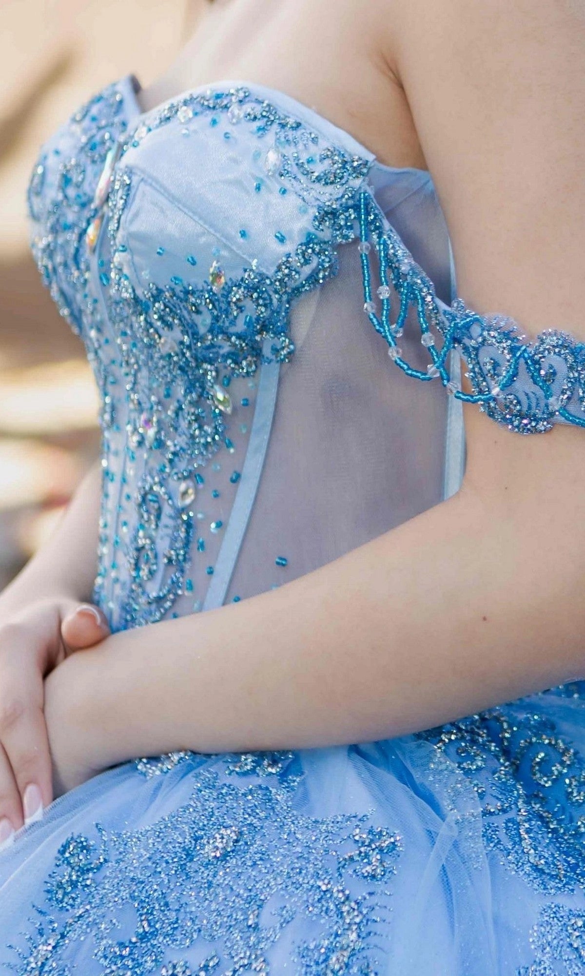 Beaded Ballgown Off‑Shoulder Short‑Sleeve Corset‑Back Floor‑Train‑Length Quinceanera Dress