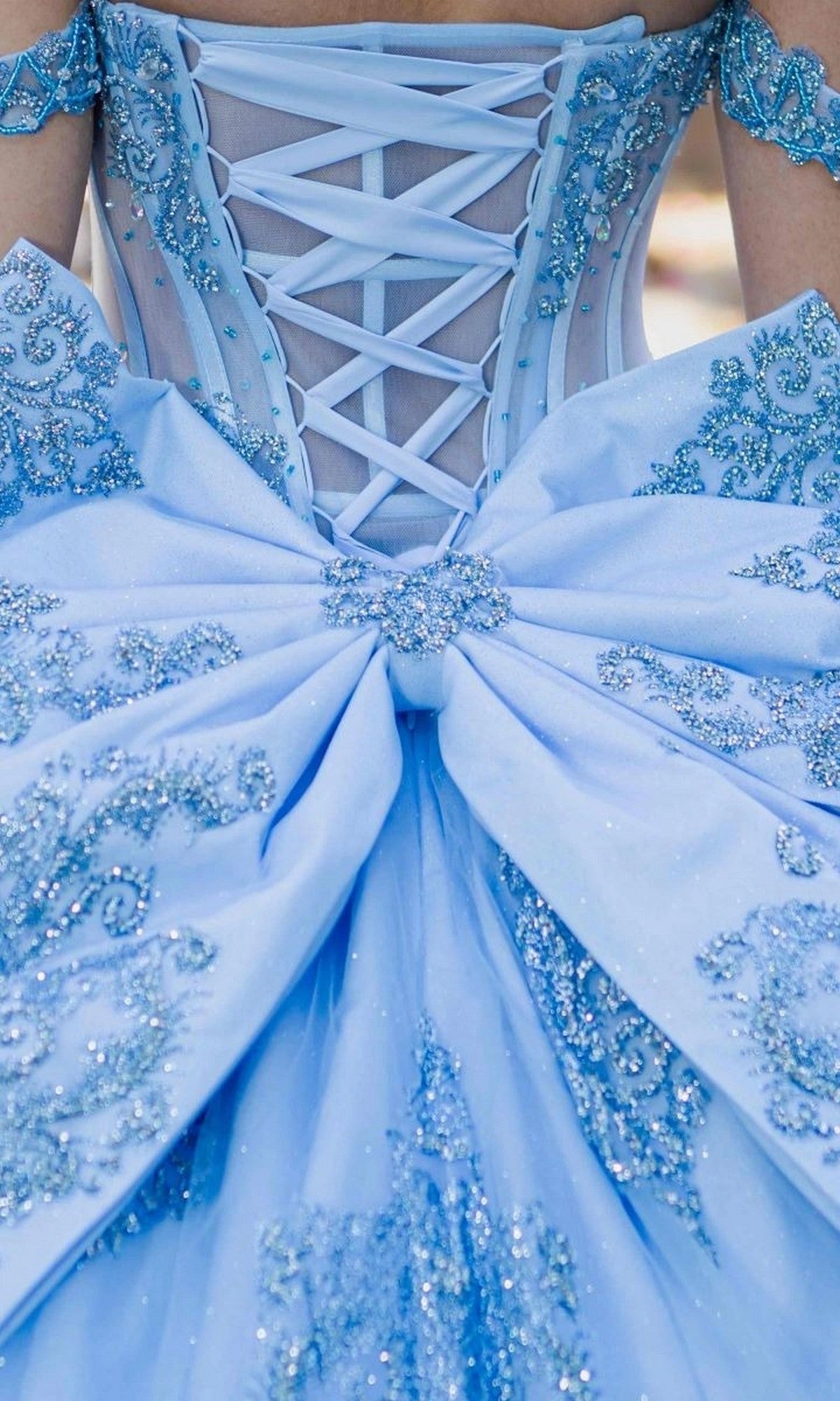 Beaded Ballgown Off‑Shoulder Short‑Sleeve Corset‑Back Floor‑Train‑Length Quinceanera Dress