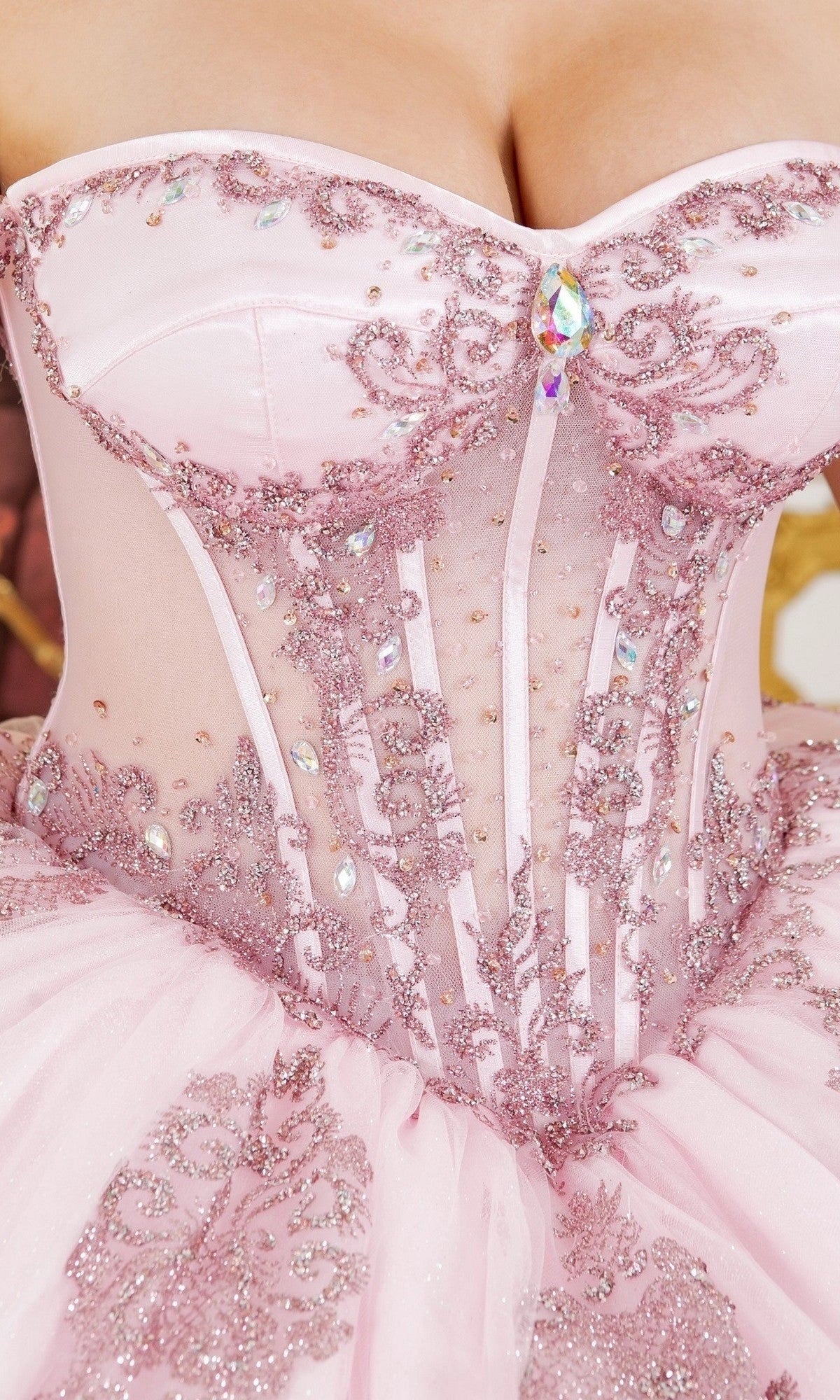 Beaded Ballgown Off‑Shoulder Short‑Sleeve Corset‑Back Floor‑Train‑Length Quinceanera Dress