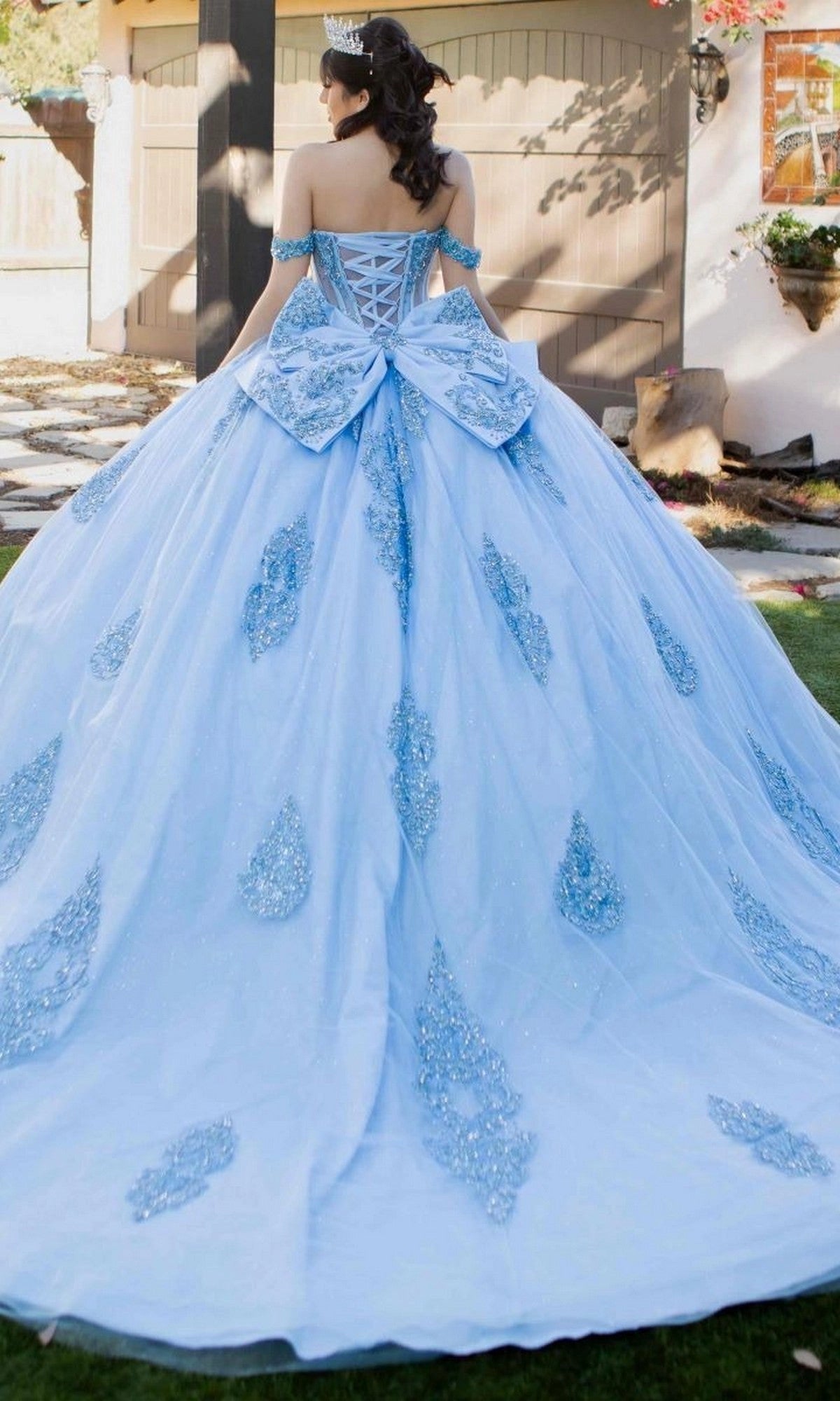 Vedress light blue quinceanera ball gown lace‑up corset back big bow floor train dress back view