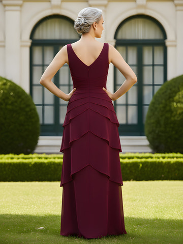 Burgundy V-Neck Sleeveless Ruffle Tiered Chiffon Formal Evening Gown