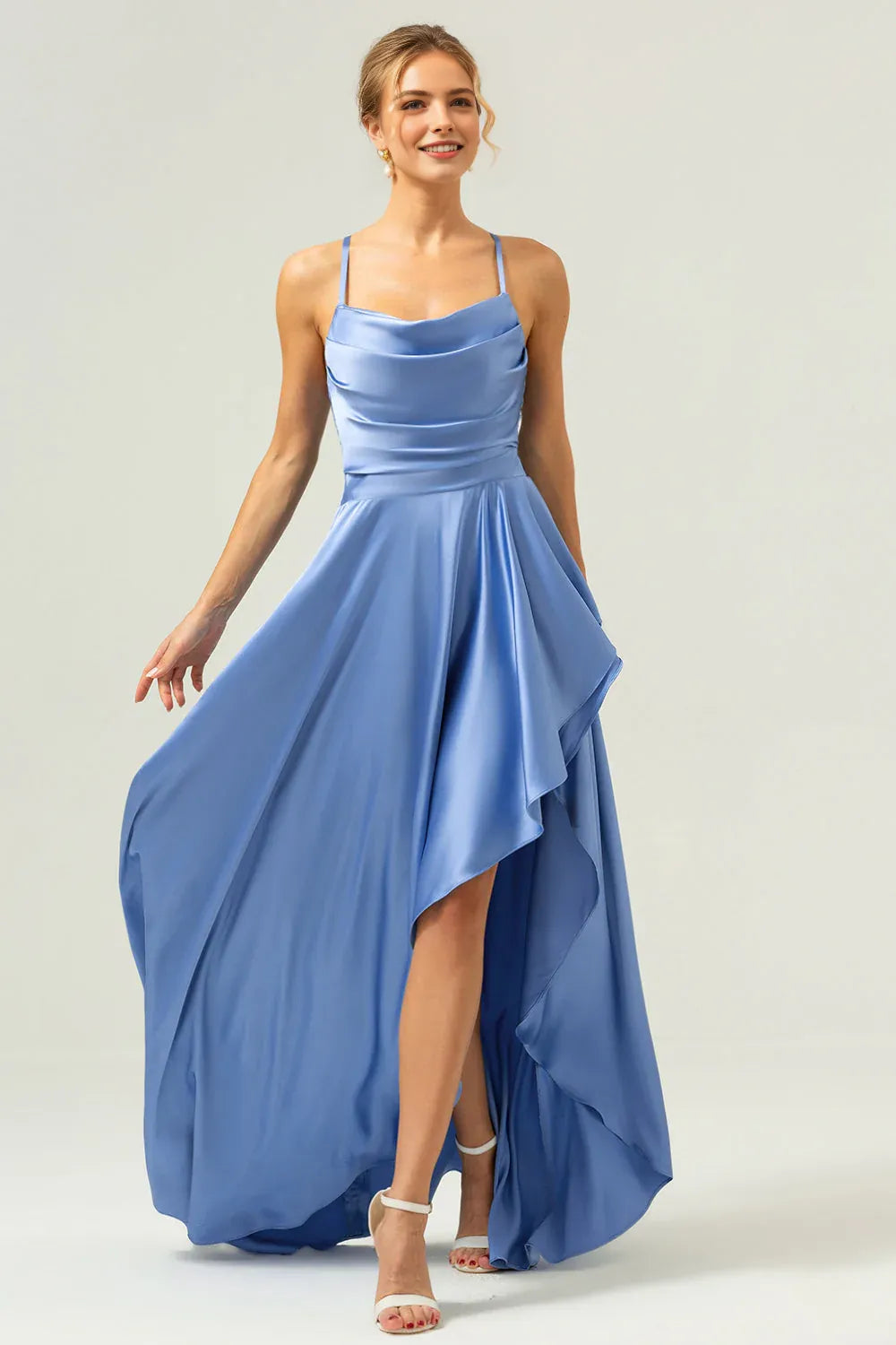 Graceful A-Line Cowl Neck Sleeveless Satin Ruffle Wedding Guest Dress High-Slit Evening Gown