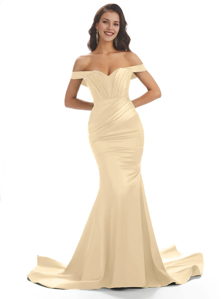 Vestido de noche largo de satén con escote corazón, fruncido, tipo sirena, con hombros descubiertos y cola