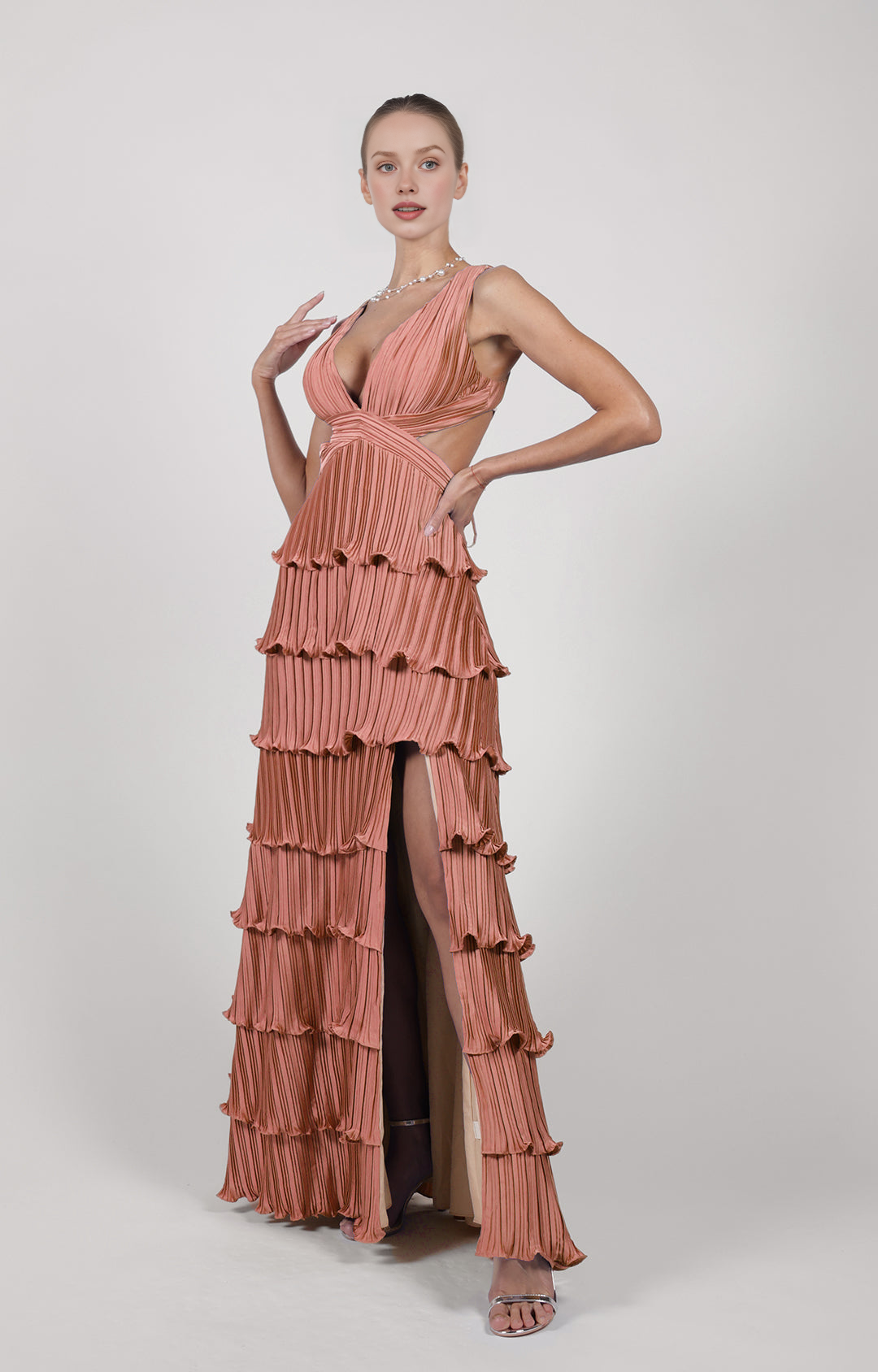 Glamorous Tiered A-Line Deep V-Neck Sleeveless Open Back Floor-Length Evening Gown