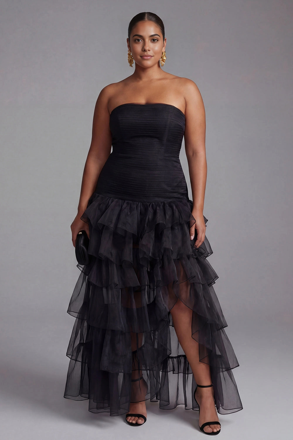 Vedress Black Strapless Smocked Tiered High Slit High Low Mesh Long Prom Dress