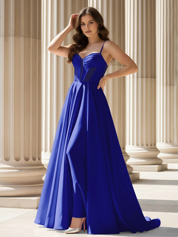 Vestido de Noche de Satén Acampanado con Corpiño Corsé de Tirantes y Cola - Vestido Formal para Fiesta de Graduación e Invitada de Boda