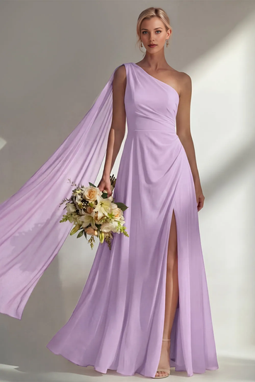 Elegant One-Shoulder Evening Gown - Flowing Chiffon Bridesmaid Dress with Slit Vedress