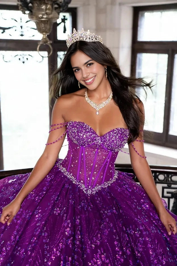 Beaded Ball Gown Sweetheart Chain Strap Corset Bow Train Quinceañera Dress