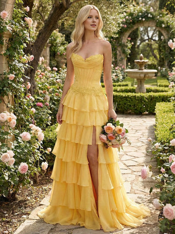Elegant Tiered A-Line Sweetheart Strapless Lace Bodice High-Low Prom Dress