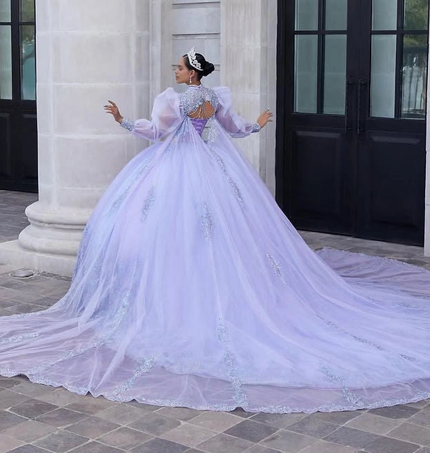 Ball Gown Puff Sleeve Corset Back Cape Train Quinceañera Dress