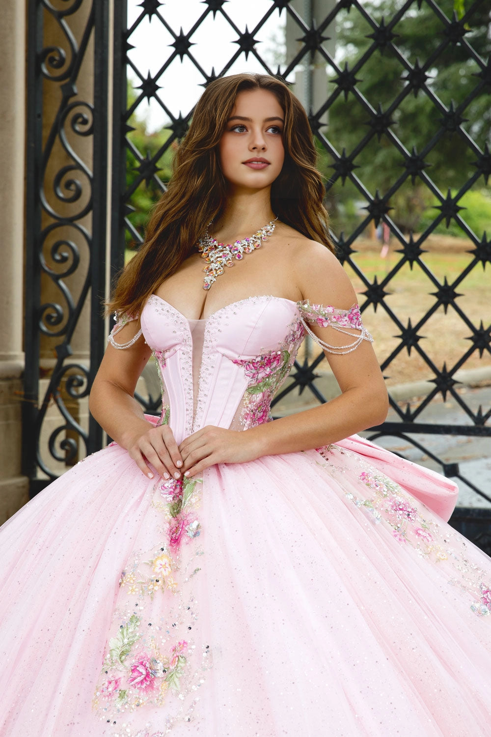 Dreamy Ball Gown Off‑Shoulder Strap Sleeve Lace‑Up Back Court Train Quinceanera Dress