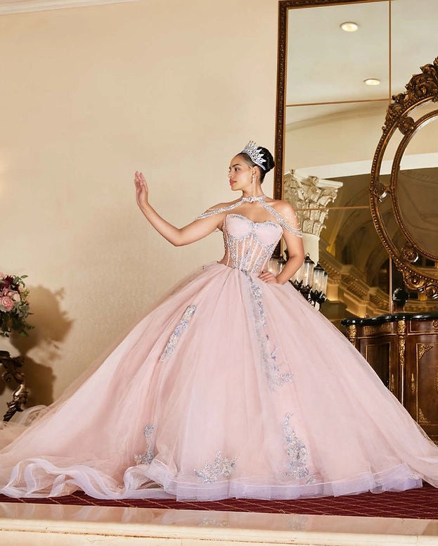 Ball Gown Beaded Strap Corset Back Big Bow Quinceañera Dress
