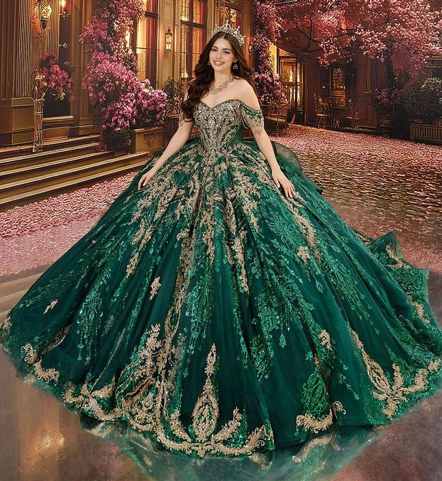 Ball Gown Off Shoulder Sweetheart Corset Bow Train Quinceañera Dress