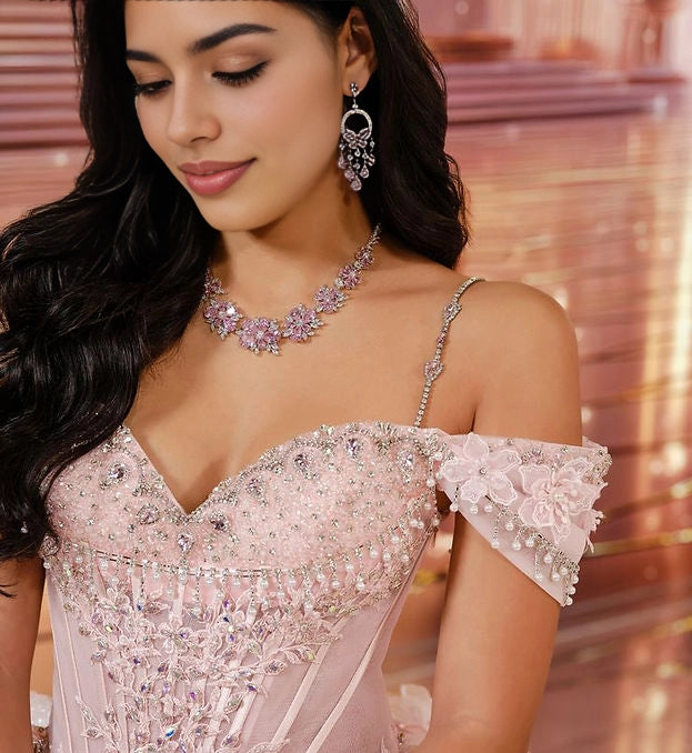 Ball Gown Off Shoulder Sweetheart 3D Floral Corset Big Bow Quinceañera Dress