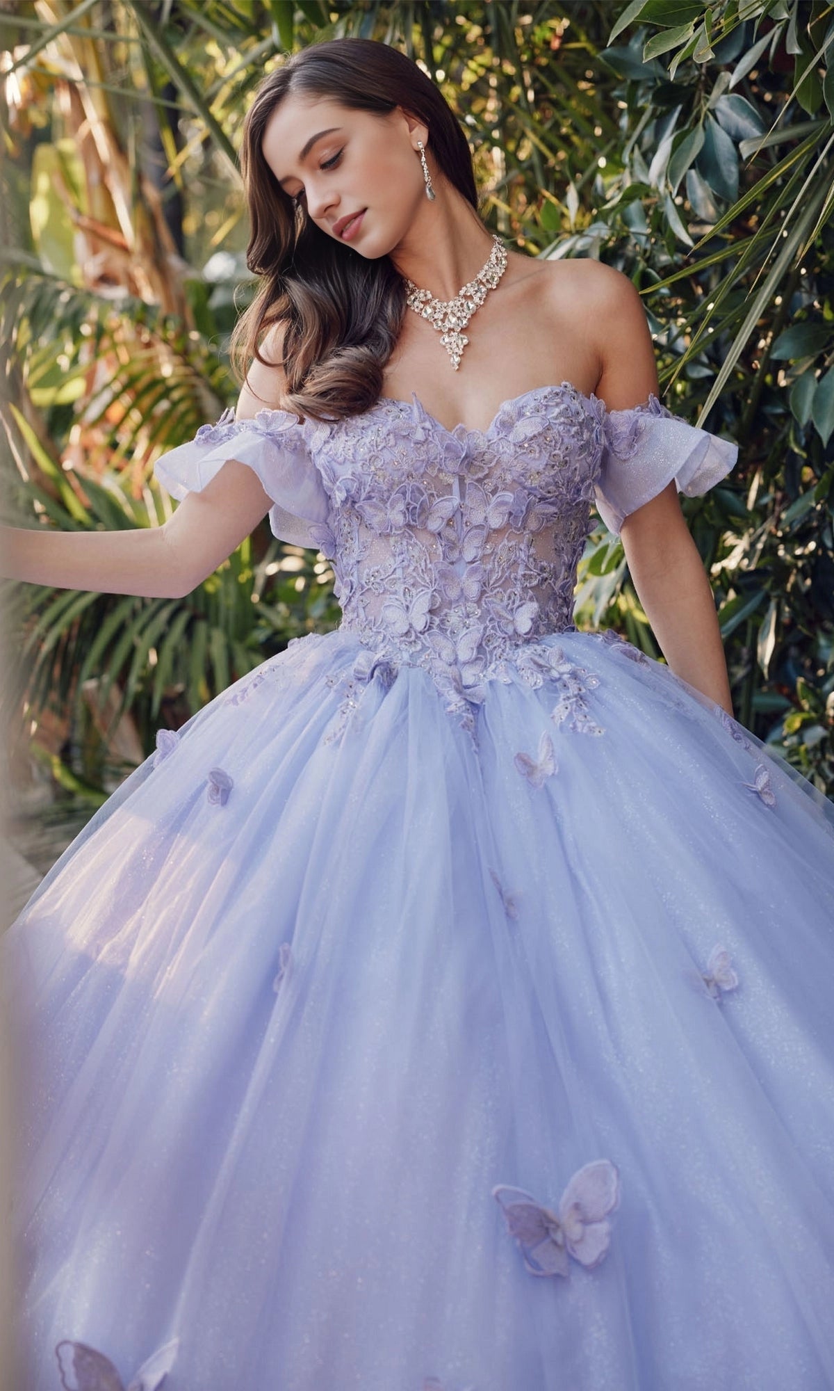 Dreamy Ball Gown Off‑The‑Shoulder 3D Butterfly Lace‑Up Back Court Train Quinceanera Dress
