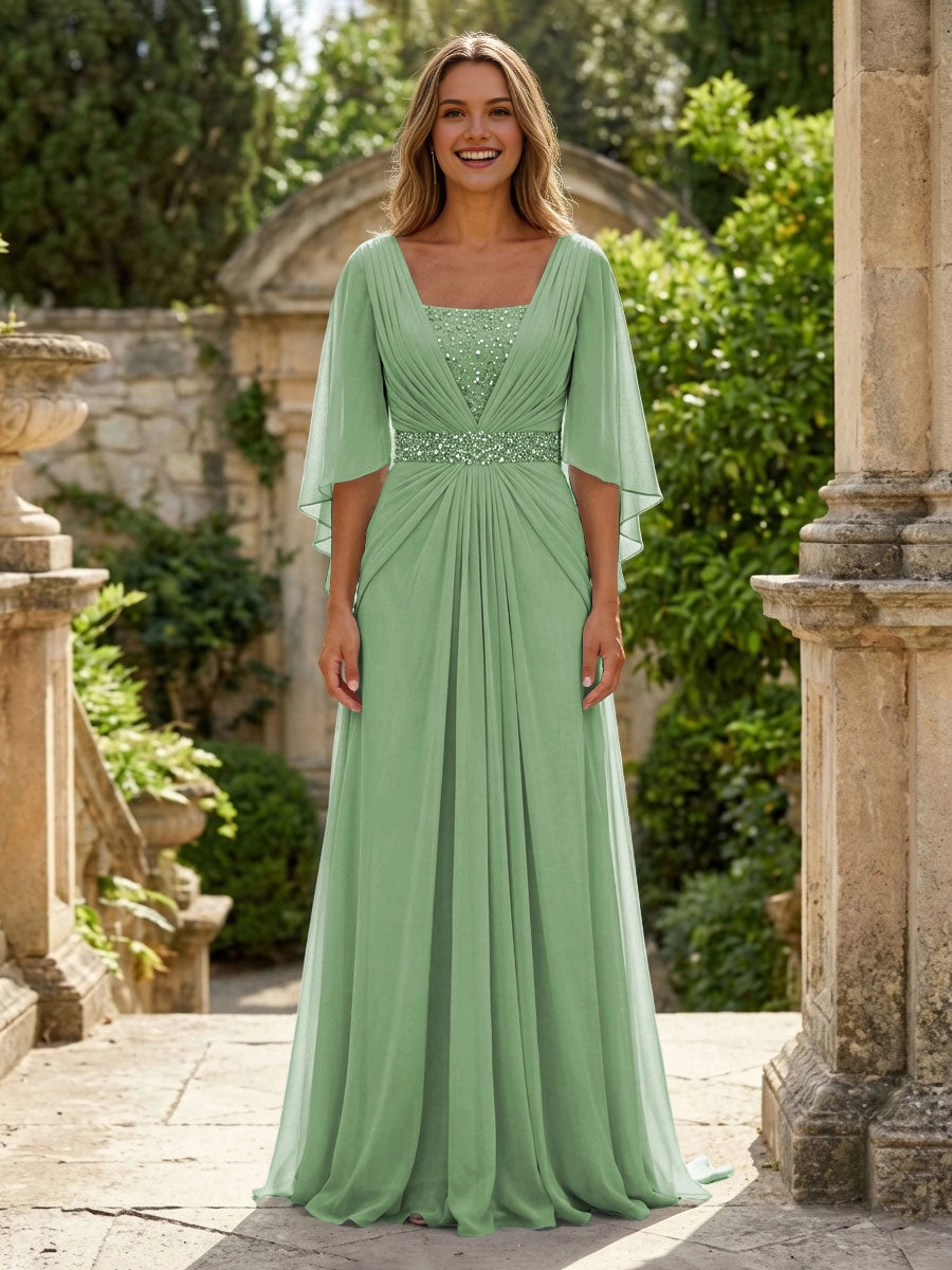 Soft Sky-Blue A-Line Square-Neck Flutter-Sleeve V-Back Floor-Length Wedding Guest Dress
