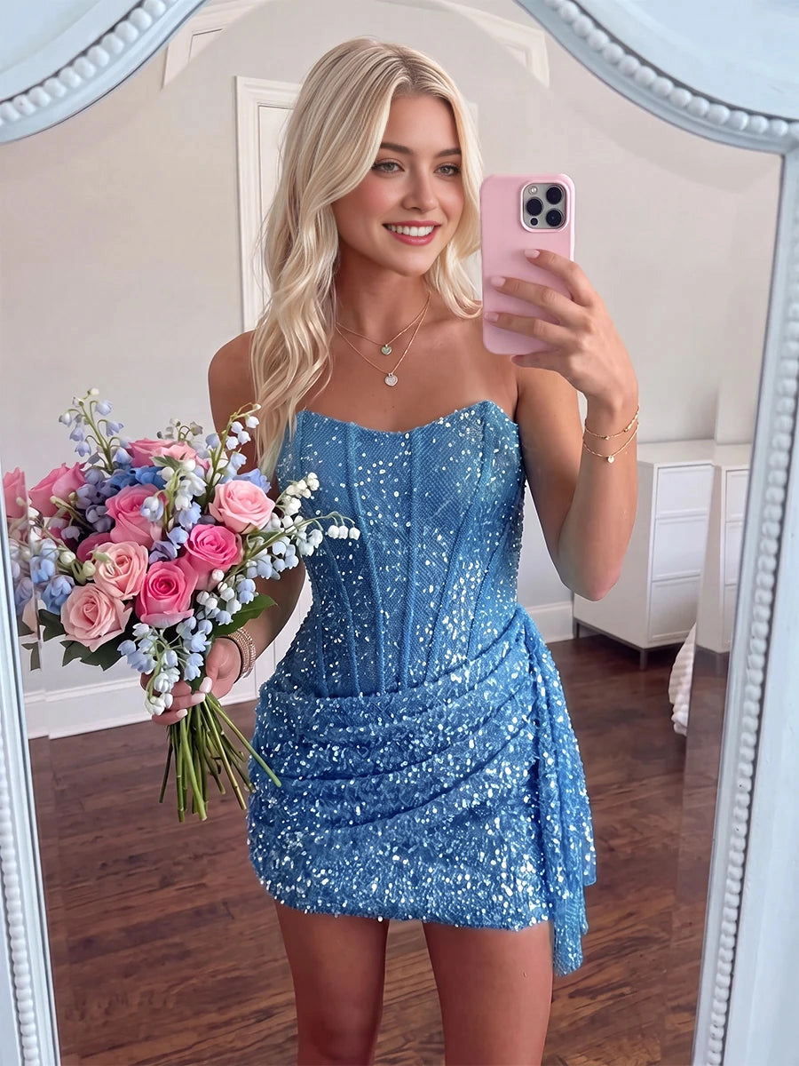 Sparkling Sequin Sheath Sweetheart Strapless Sleeveless Zip‑Back Mini Homecoming Dress