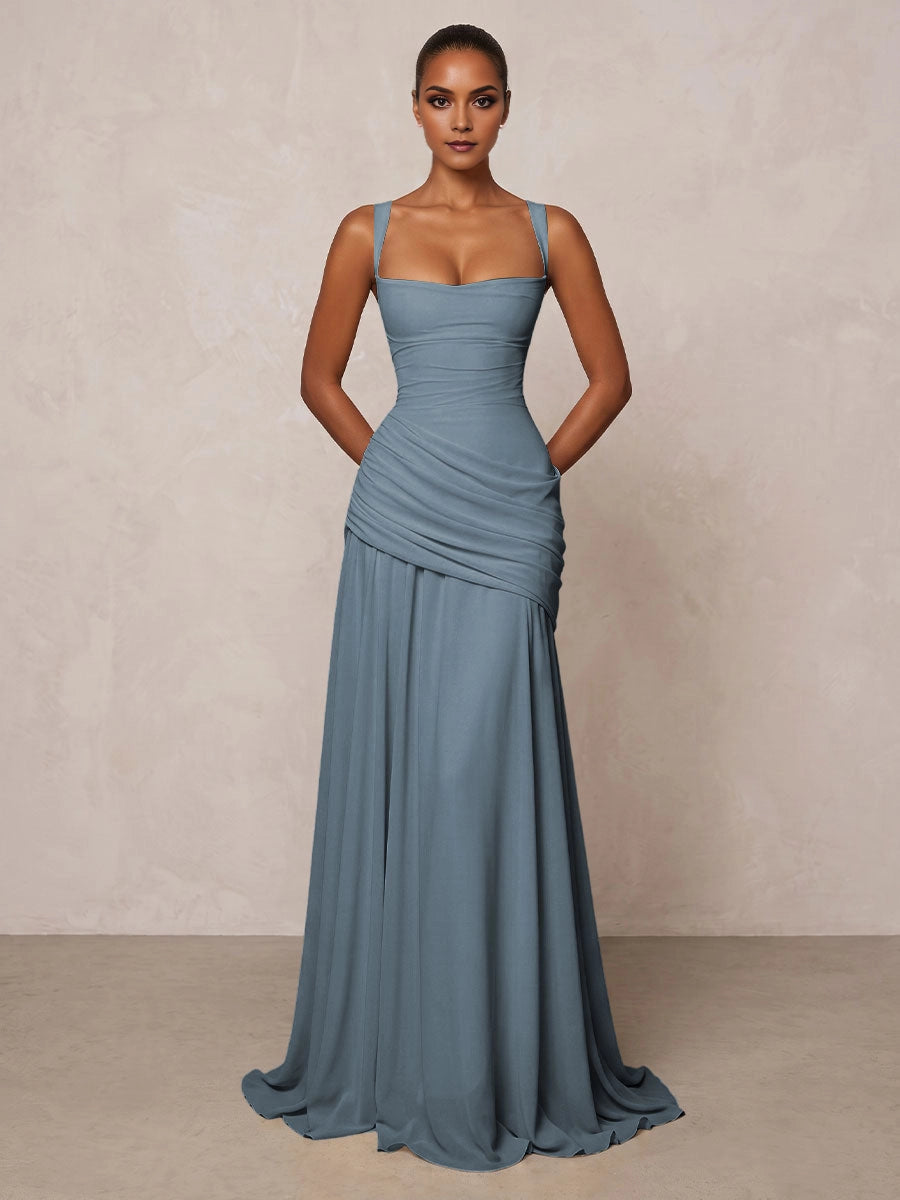 Graceful A‑Line Square‑Neck Sleeveless Crisscross‑Back Floor‑Length Bridesmaid Prom Dress