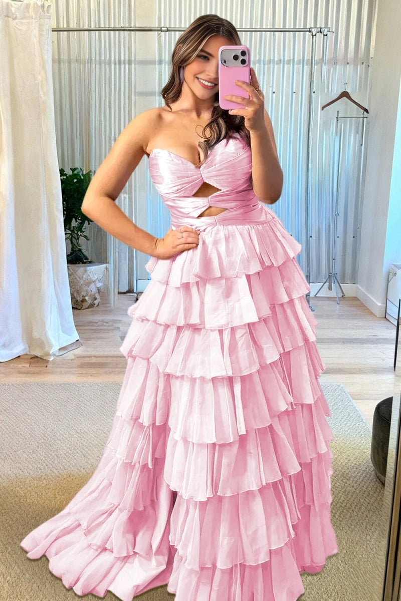 Bright Hot‑Pink A‑Line Strapless Sleeveless Lace‑Up‑Back High‑Slit Tiered Floor‑Length Prom Dress