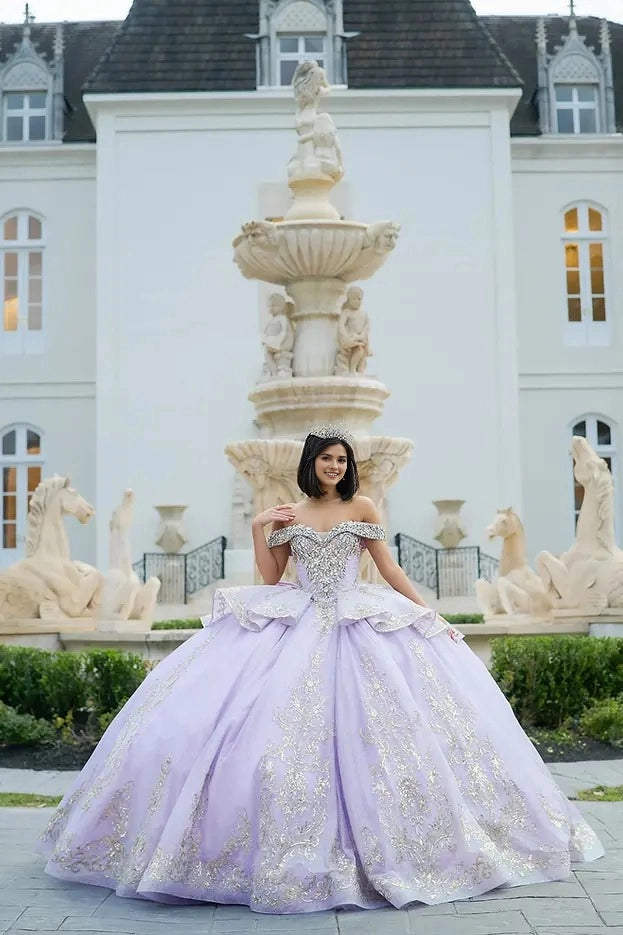 Sparkly Ball Gown Off Shoulder Short Sleeve Corset Back Train Quinceañera Dress