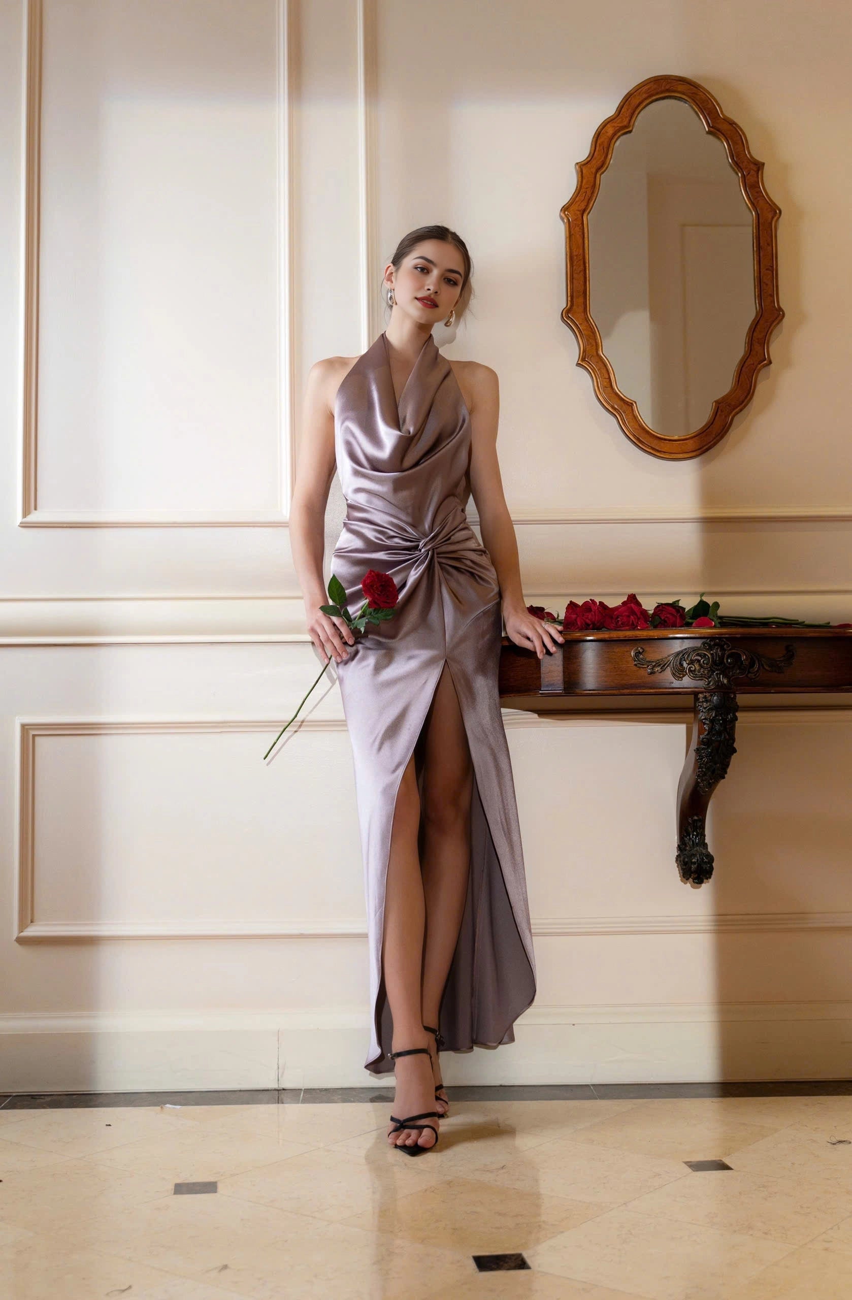 Satin Sheath Halter Cowl Backless Slit Maxi Prom Dress