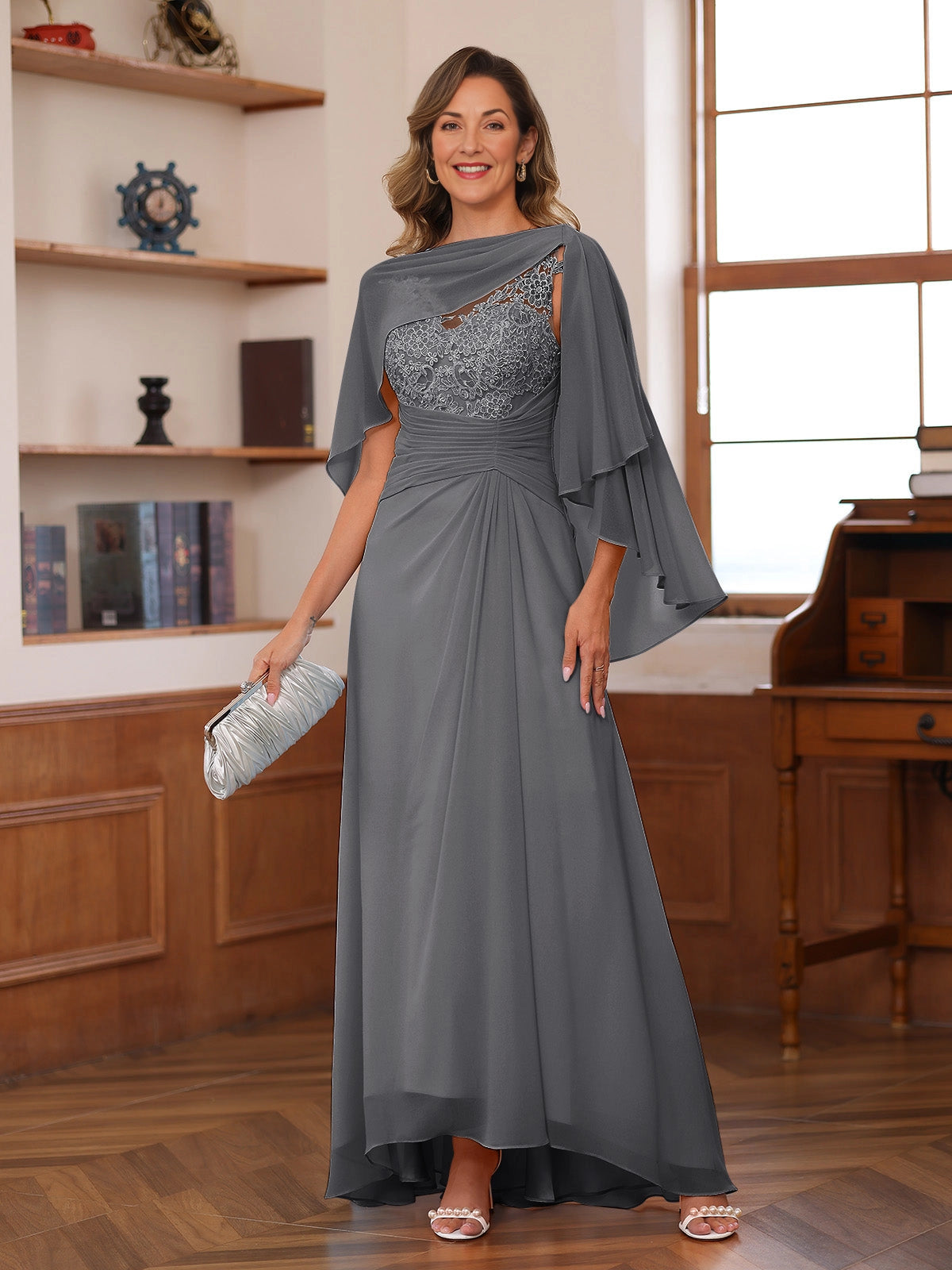 Elegant A Line Bateau Neck Cape Sleeve Sheer Back Floor Length Mother Of The Bride Dress