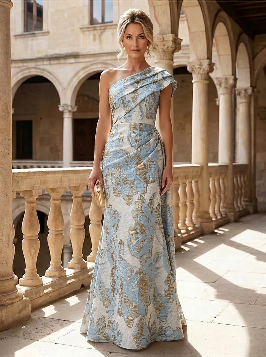 Champagne Mermaid One‑Shoulder Sleeveless Zip‑Back Floor‑Length Mother‑of‑the‑Bride Dress